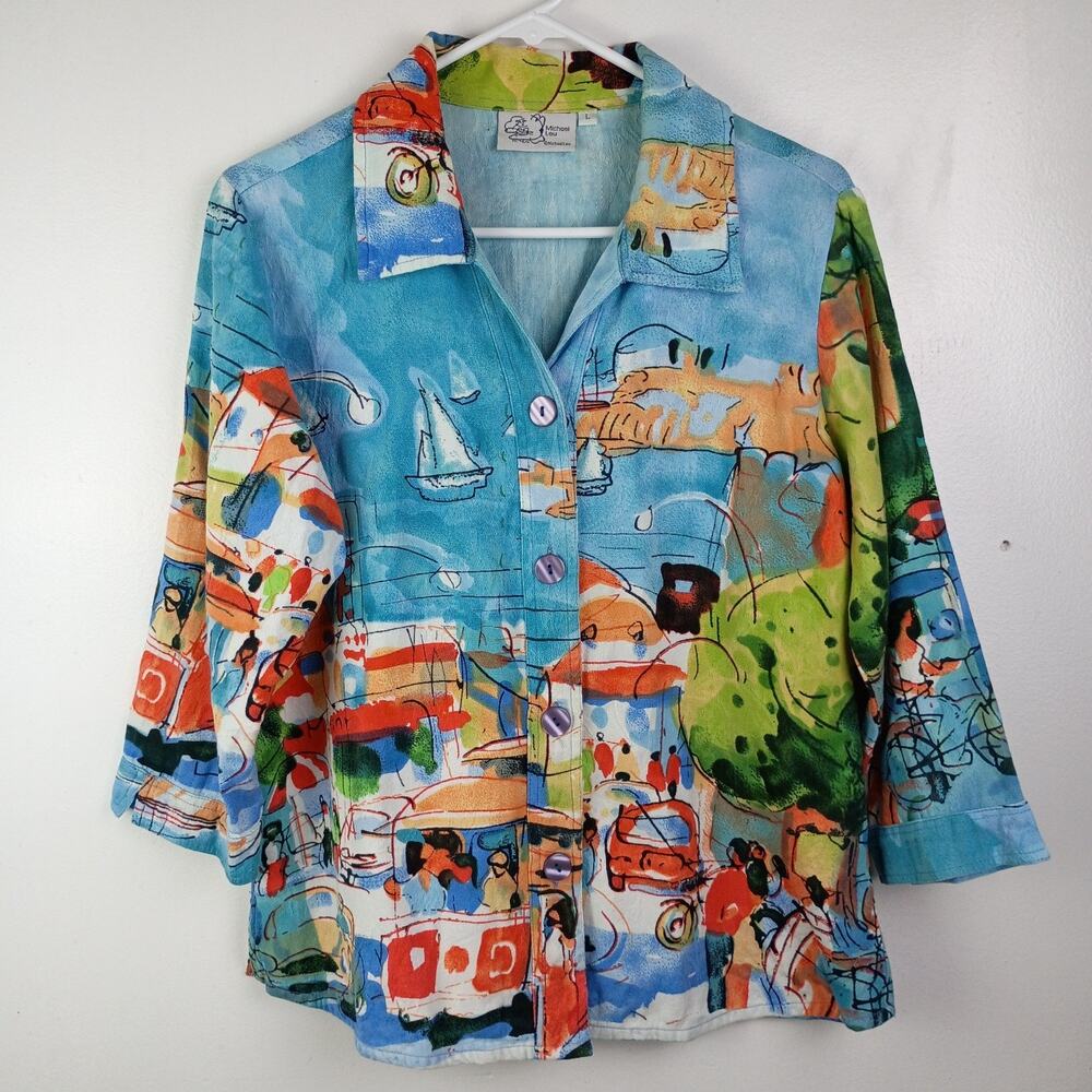 VTG Michael Leu St Mer Novelty Print Colorful Button Down Shirt Large Artsy
